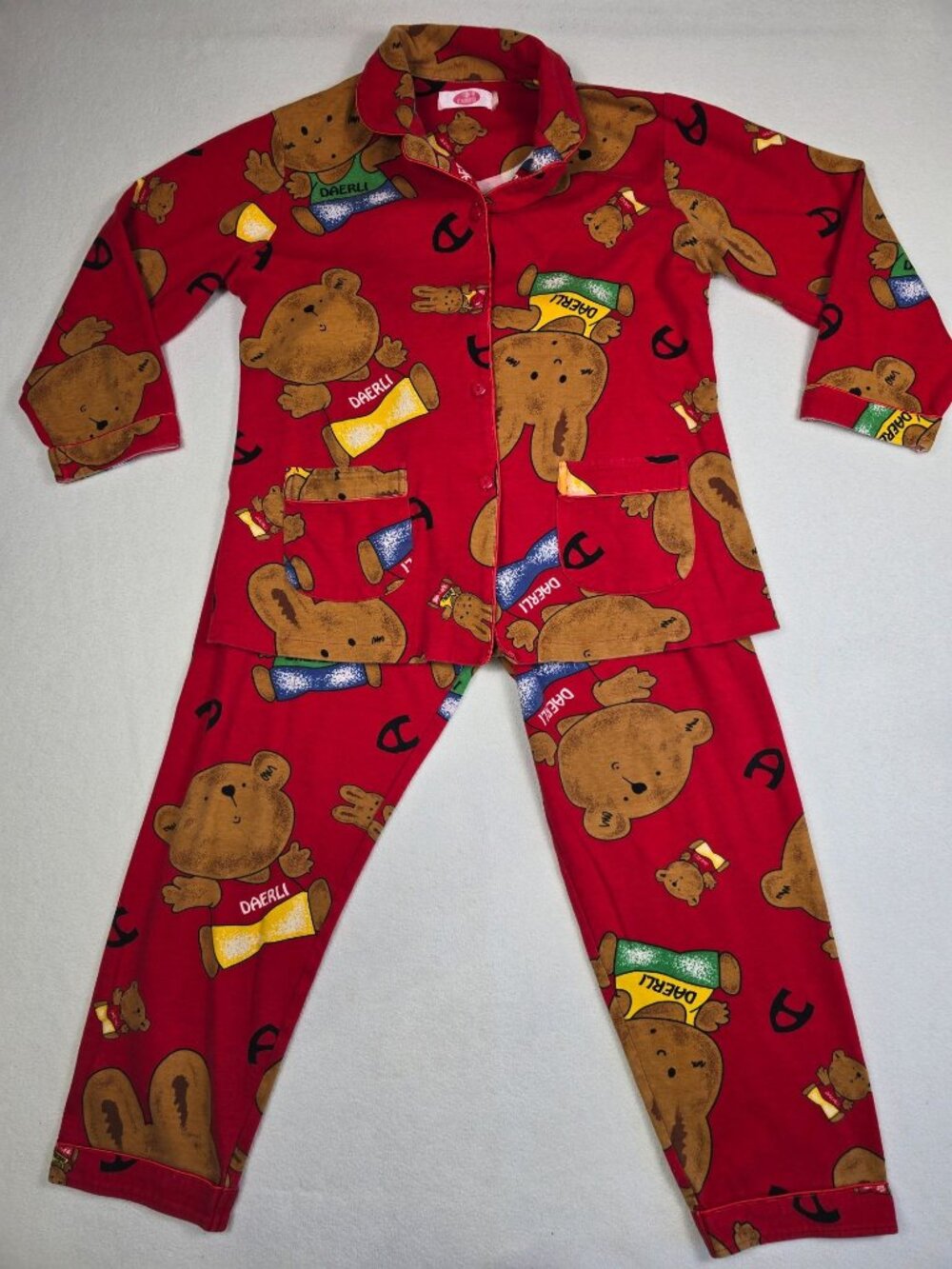 Daerli S/M Red Teddy Bear Print Pajama Set Button-Up Elastic Waist Long Sleeves